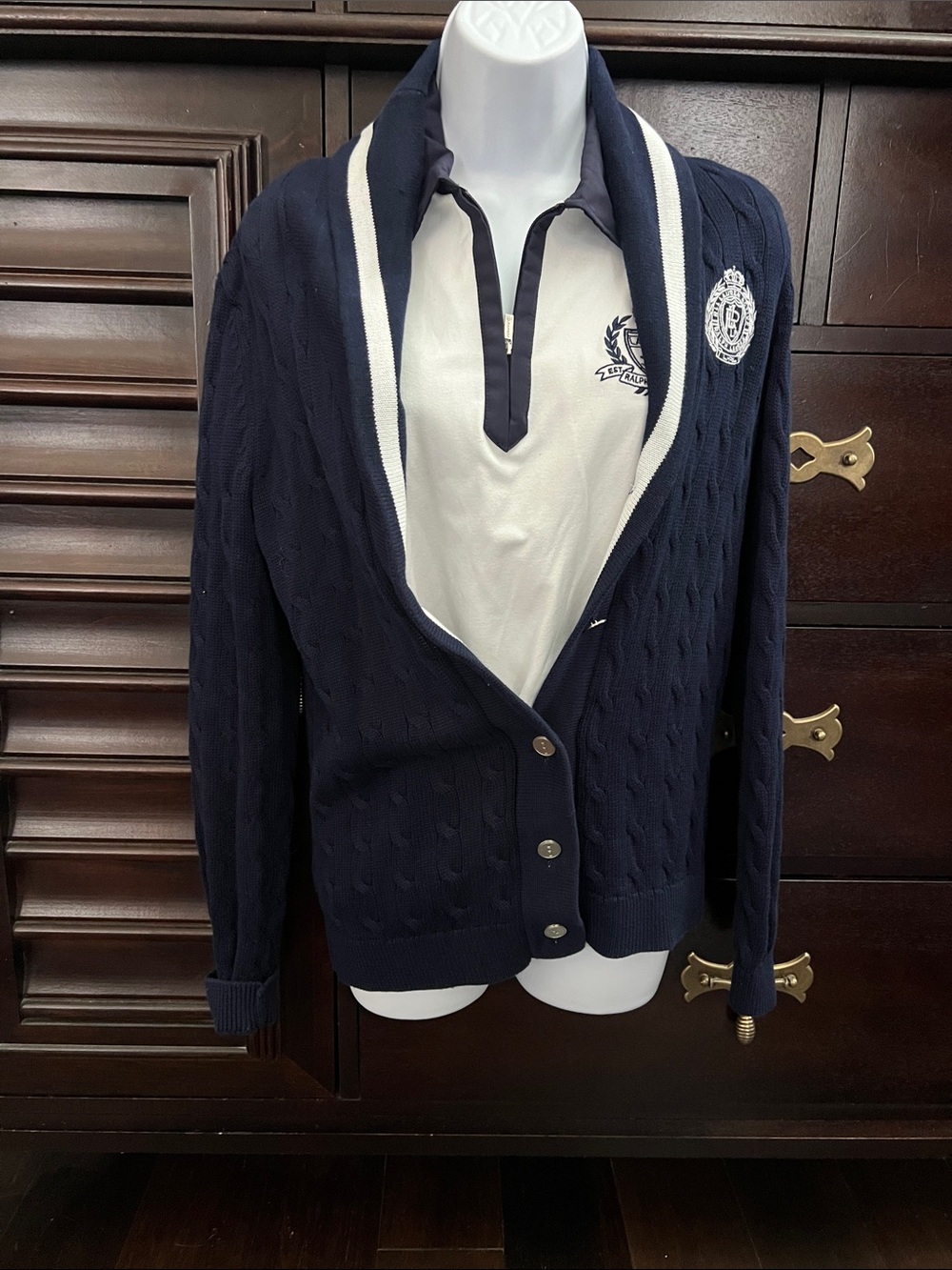 Ralph Lauren Navy and White Cable-Knit Cardigan with Crest